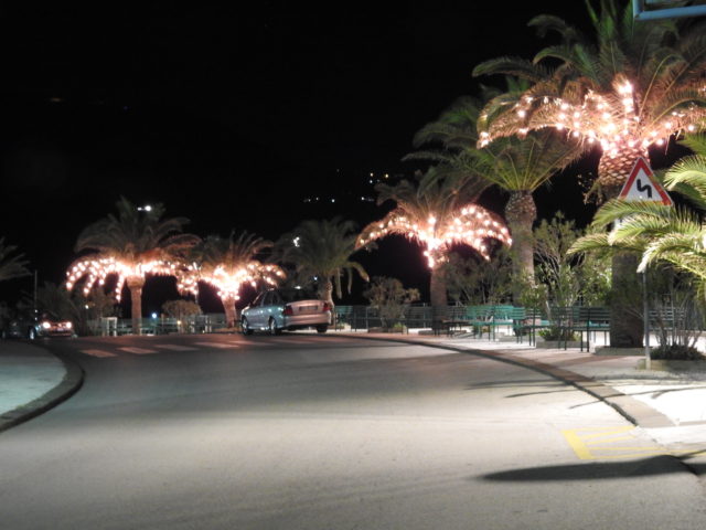 Julesmykkede palmer langs lungomare i Gioiosa Marea (ME). Foto: KirstenSoele
